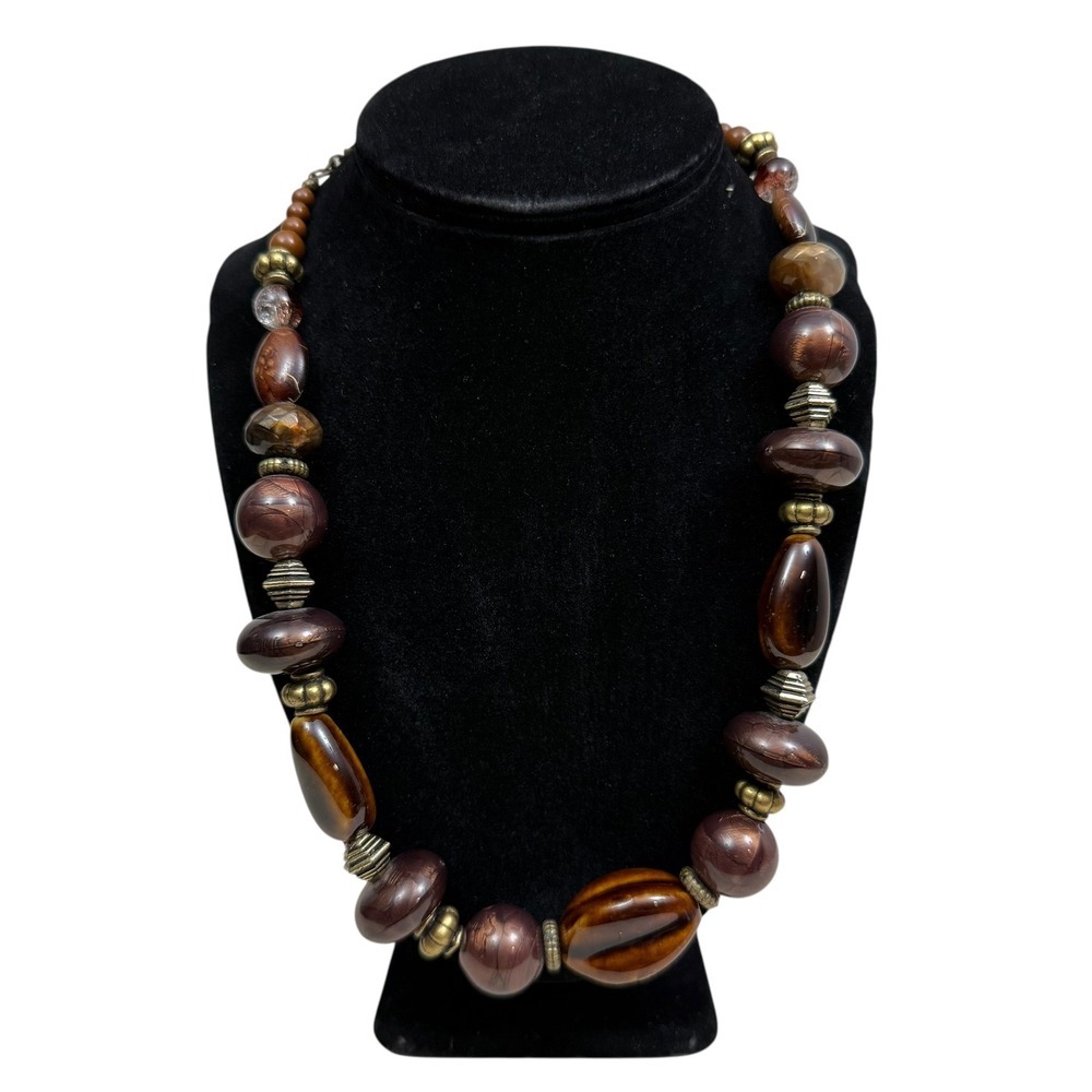 Chunky Beaded Statement Necklace Brown Bold Costume Jewelry Fashion 18 in